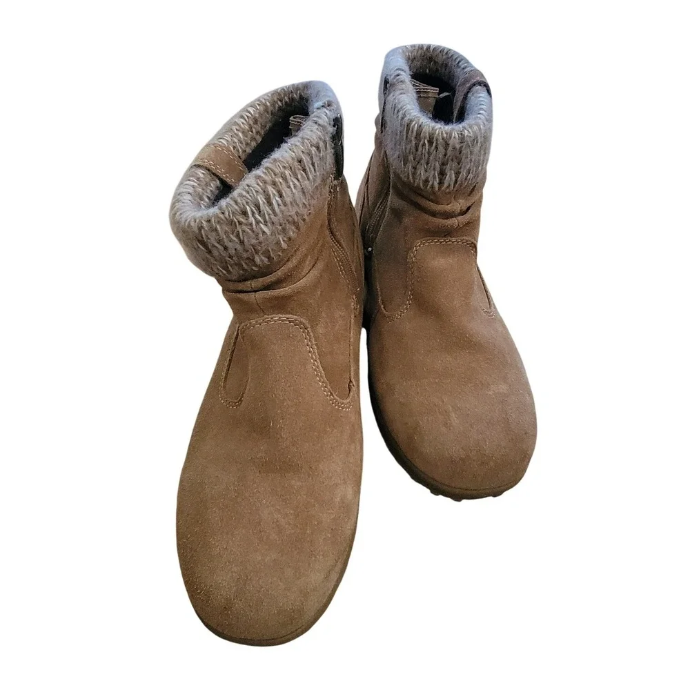 Khombu Tan Suede Winter Boots Knit Sweater Collar Ankle Booties Sd Zip W 10 NWOT